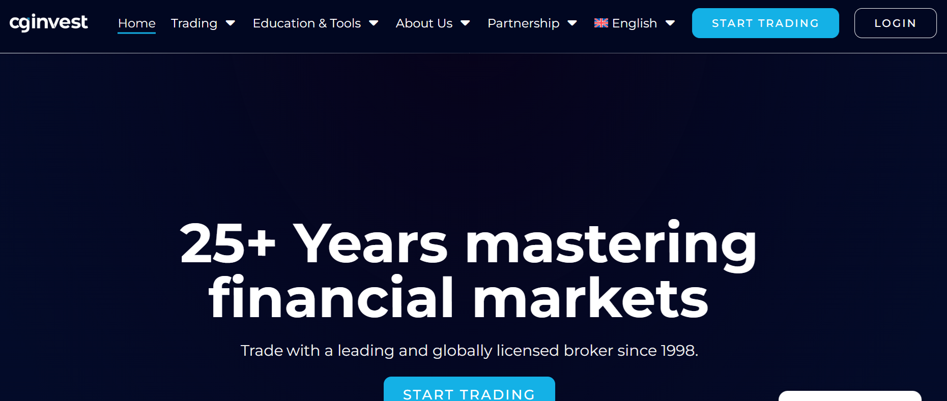 The website looks modern but offers very little concrete information about the broker or its services.