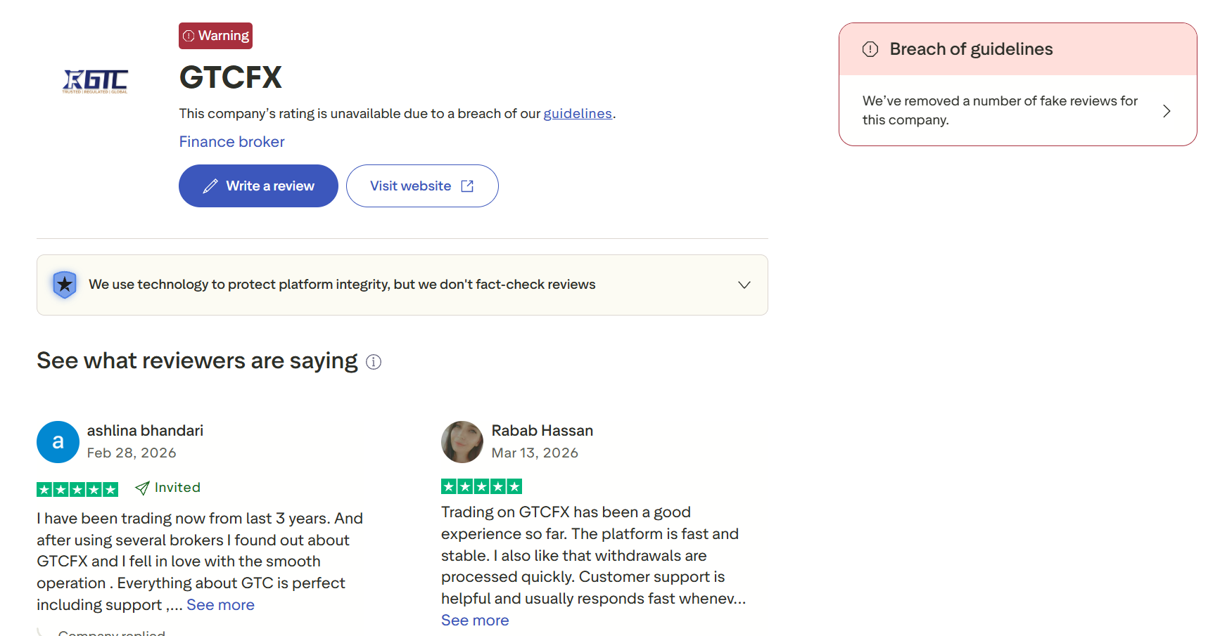 GTCFX has been caught violating the rules of a user review site