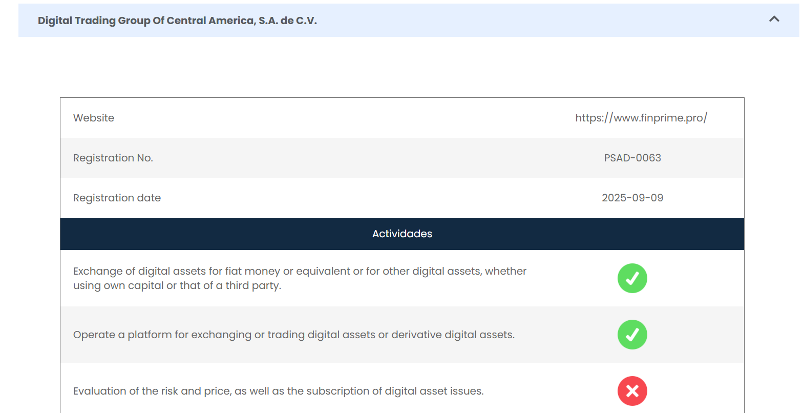 Information about DTGoCA's Digital Assets Service Provider (DASP) license.