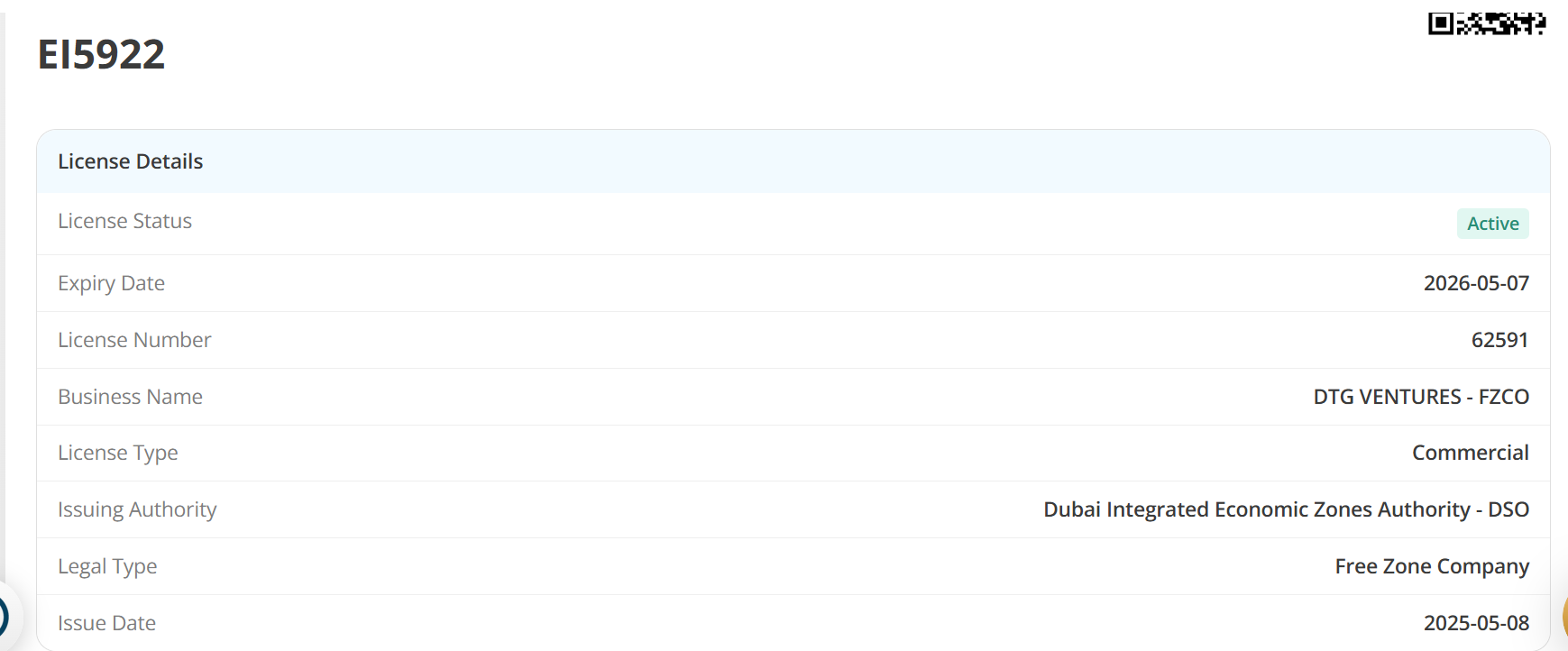 Information about DTG Ventures' FZCO commercial license in Dubai.