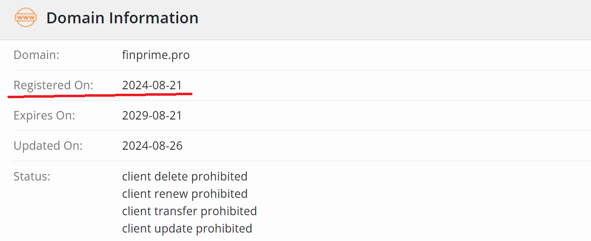 History and registration details of the finprime.pro domain.