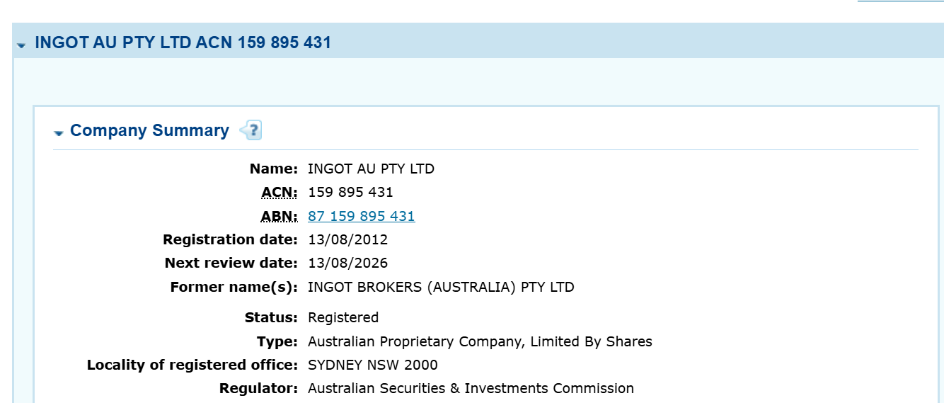 Record of INGOT-related entities in the Australian corporate and regulatory register.