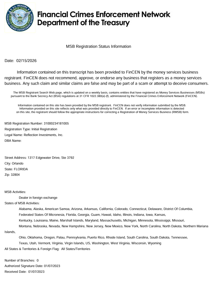 The company appears in the U.S. MSB registry, which only reflects self-declared registration and does not confirm legitimacy.