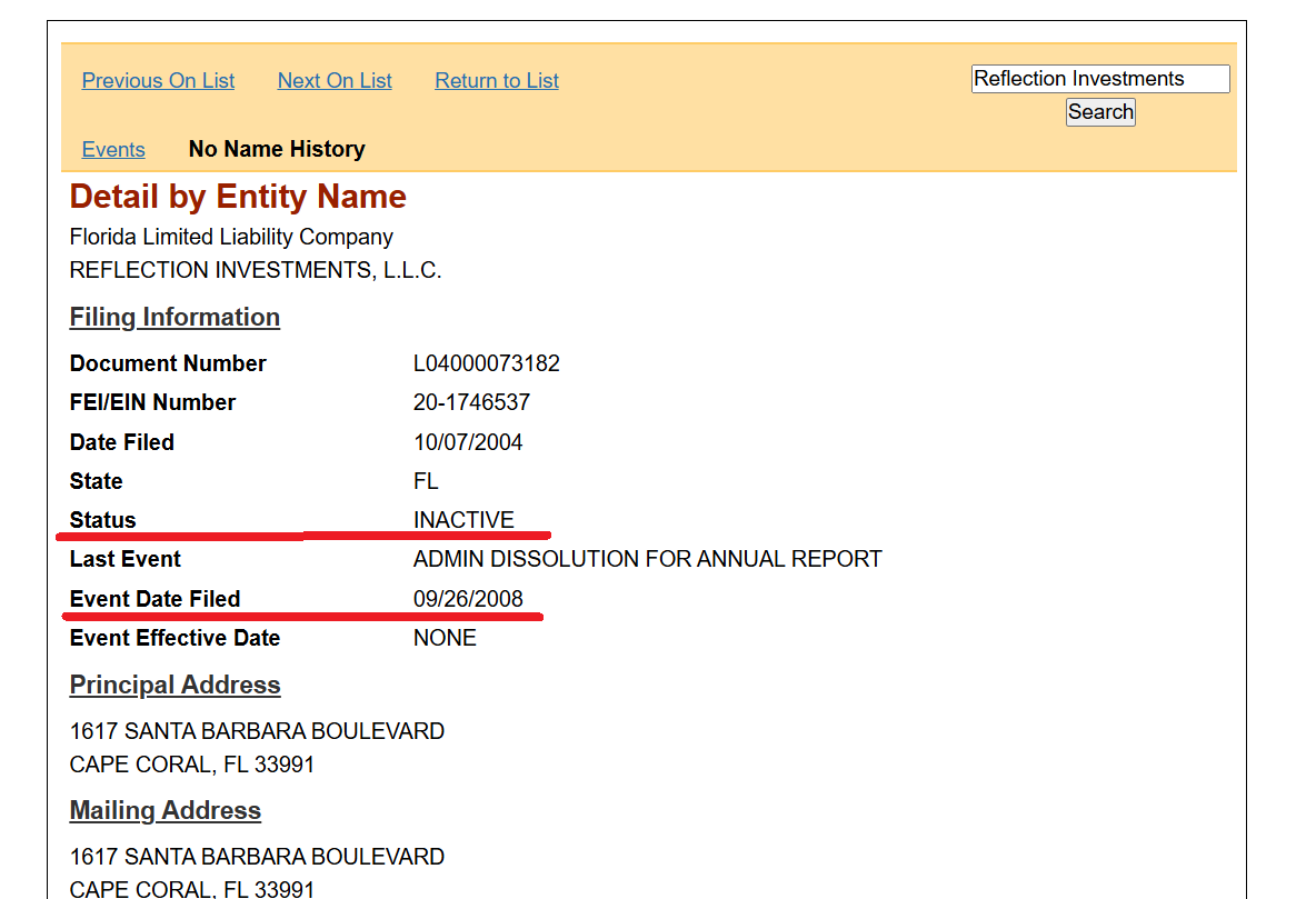 Reflection Investments LLC linked to the project is inactive and has not operated since 2008.