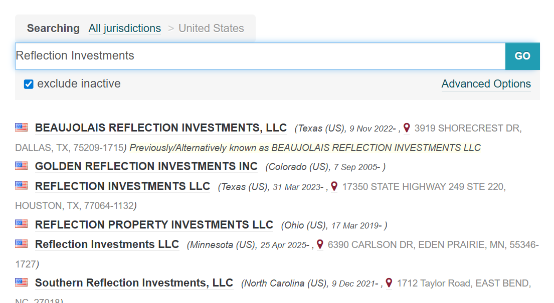 The company names are not officially registered in any U.S. state databases.