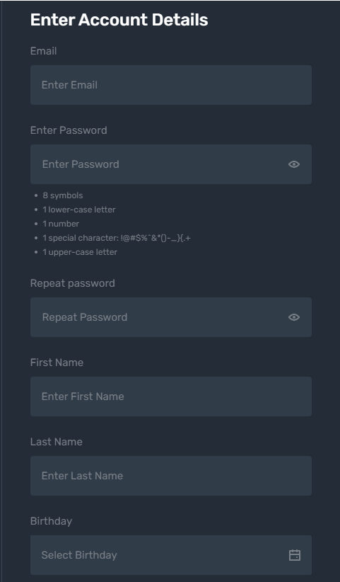 Overview of the broker’s registration process and the data required to open a trading account.