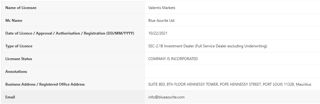 The legal entity was found in the Mauritian regulatory authority's registry