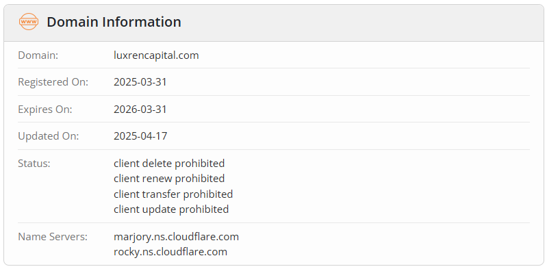 The domain for the official website, luxrencapital.com, was registered on March 31, 2025
