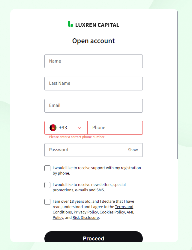 Standard account creation procedure