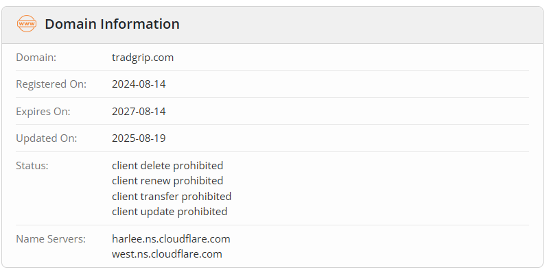 According to WHOIS records, tradgrip.com was registered on August 14, 2024